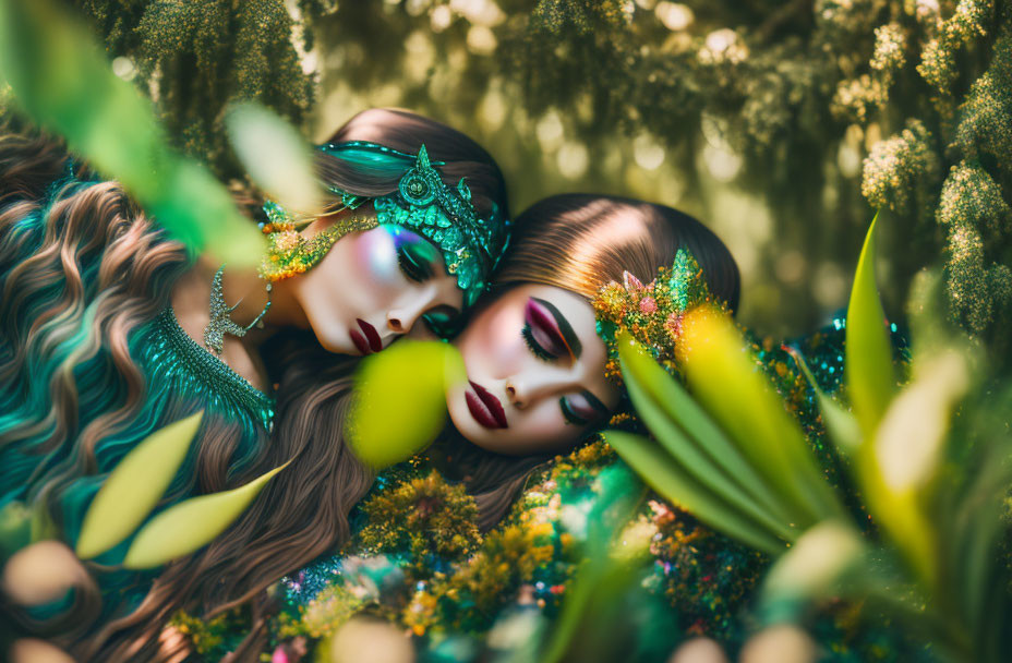 Elaborately styled hair and makeup on dolls in serene garden setting