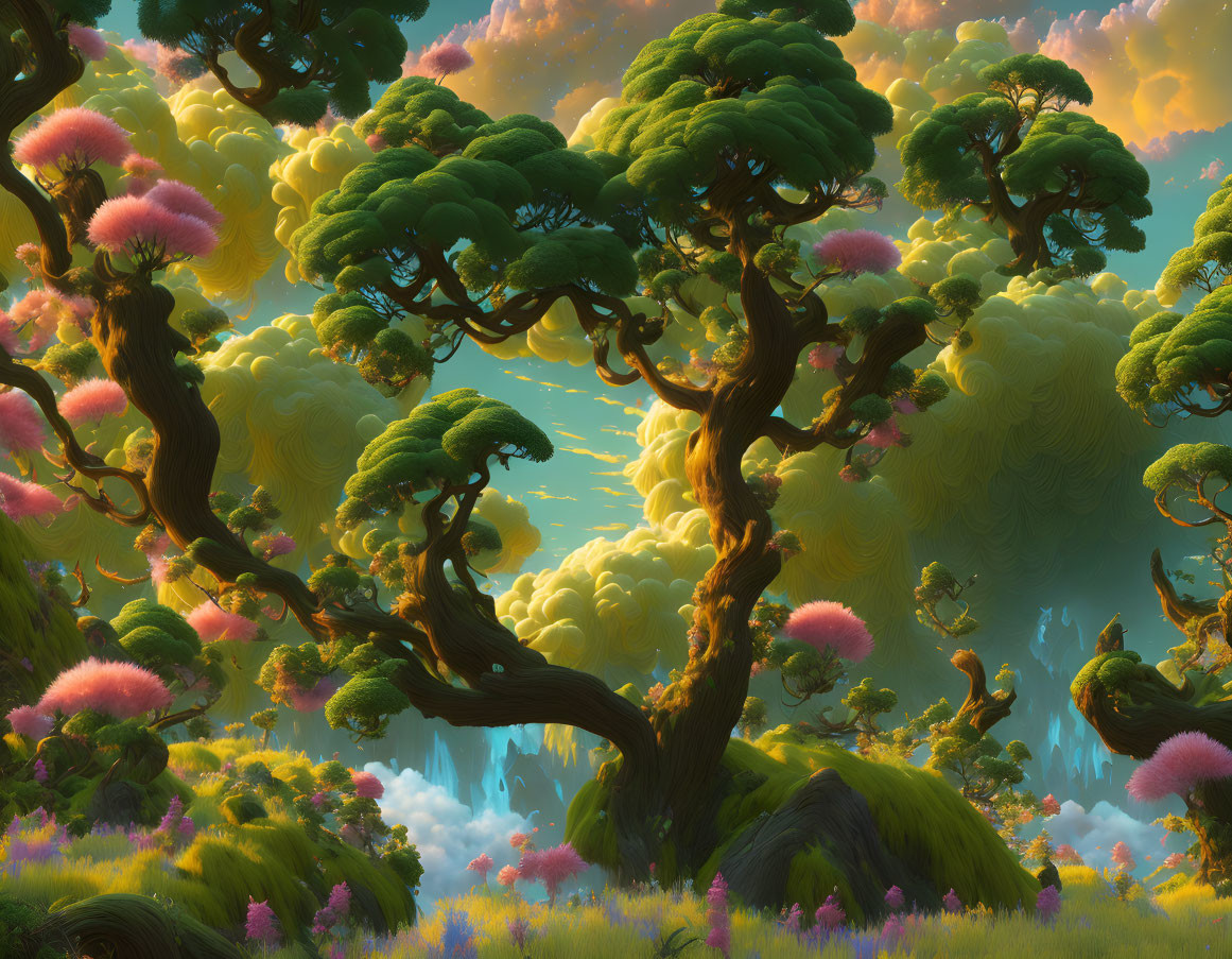 Colorful Fantasy Landscape with Twisting Trees and Pink Flora