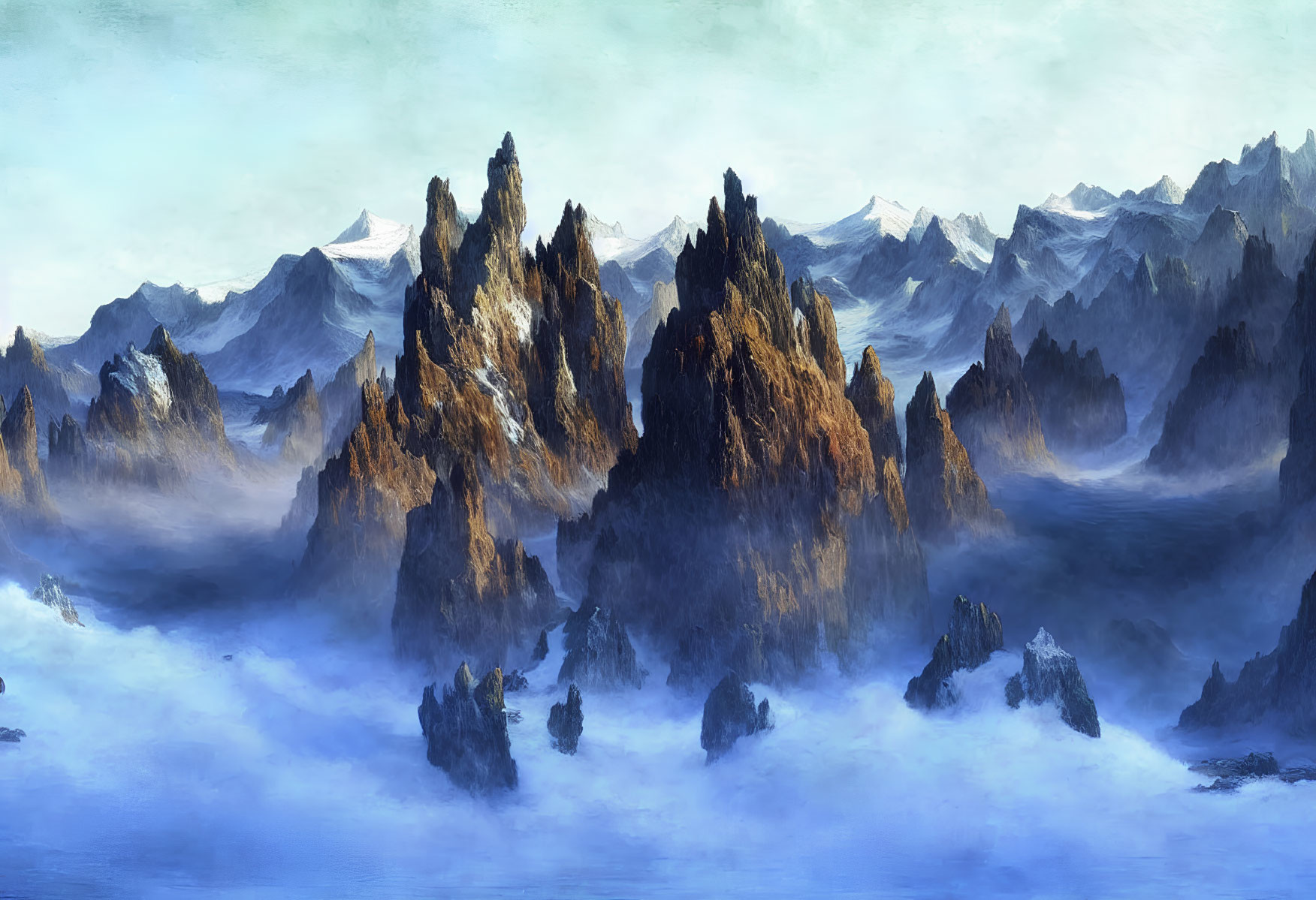 Majestic mountain landscape with mist and rocky foreground