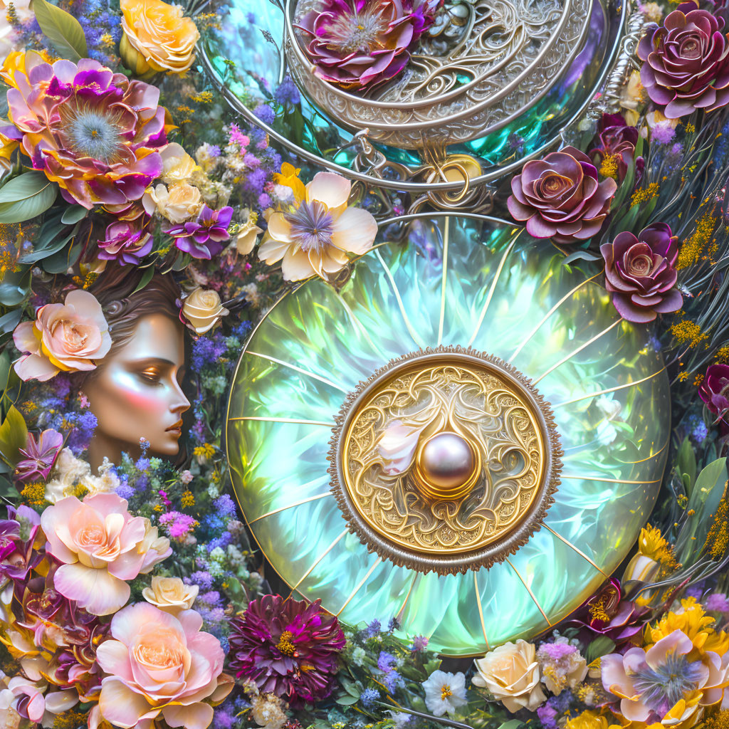 Woman's profile with vibrant flowers and ornate metallic shield around radiant stone