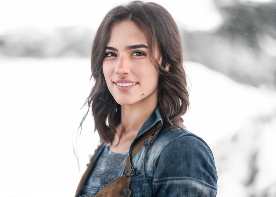 Smiling young woman with brown hair in denim jacket in snowy setting