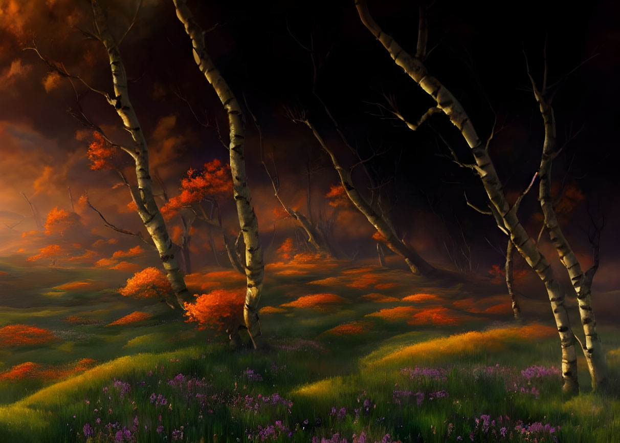 Mystical landscape with slanted birch trees and fiery orange foliage