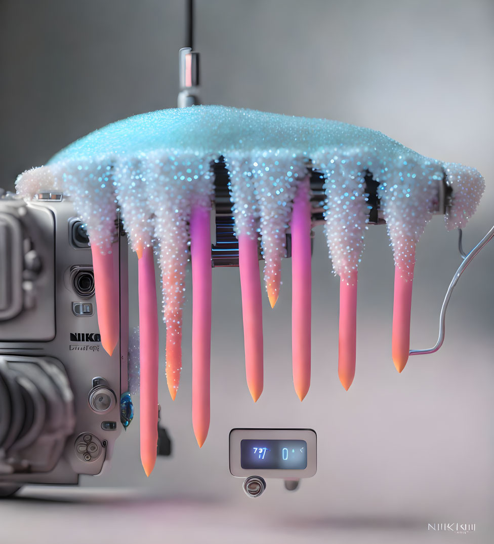 Colorful melting wax partially covers Nikon camera at 77 degrees