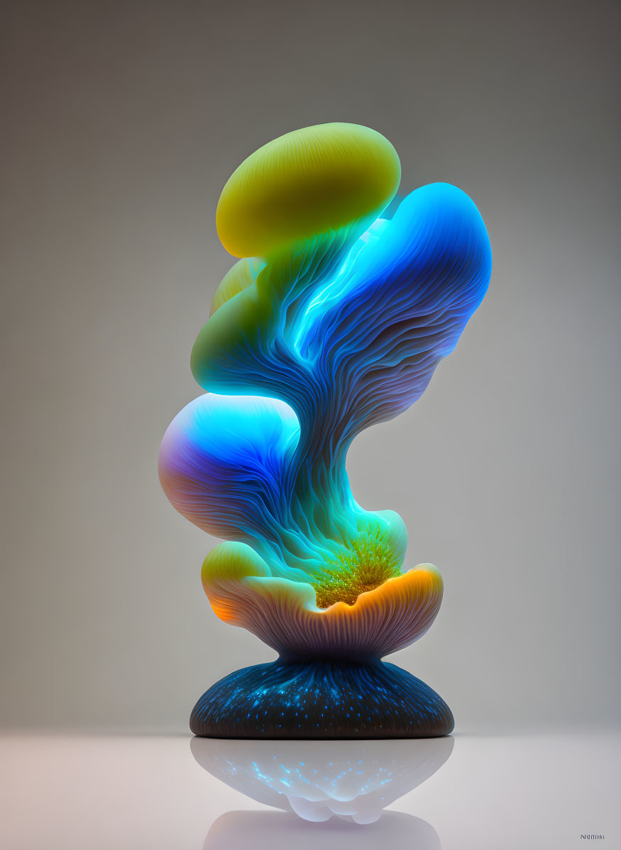 Vibrant abstract sculpture with fluid layers in blue, green, yellow, and orange on black base