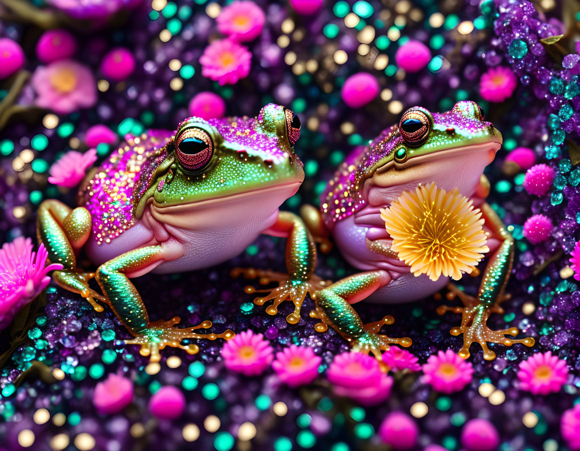 Glitter-covered frogs with purple and pink beads and yellow flower