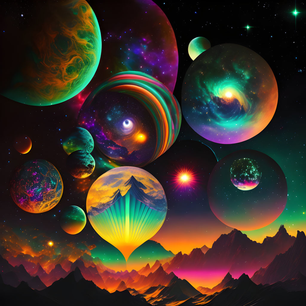 Colorful cosmic collage featuring celestial bodies, galaxies, mountain peak, and astronomical phenomena.