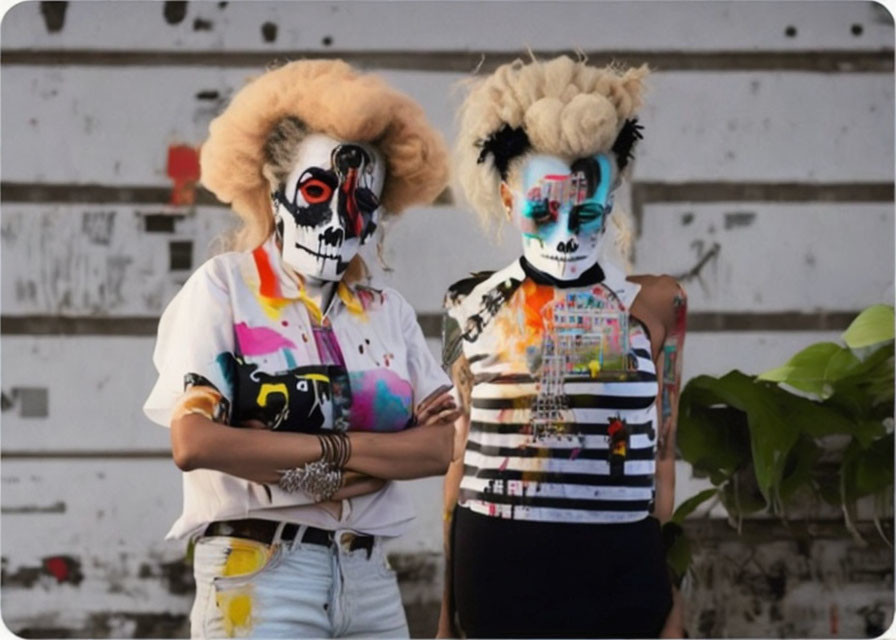 Two individuals in skull makeup and blonde hair pose in bold shirts with splatter designs