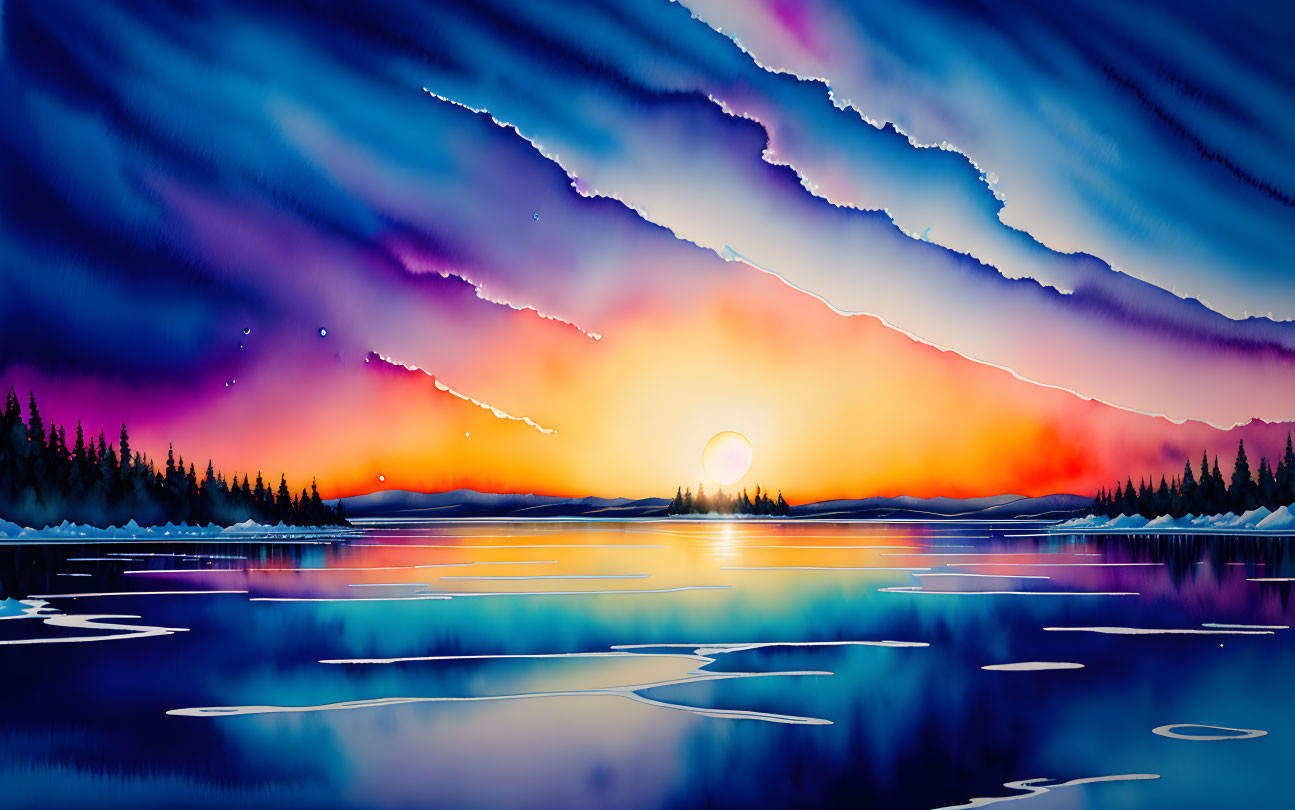 Colorful sunset digital artwork featuring purple and orange skies over a serene lake.