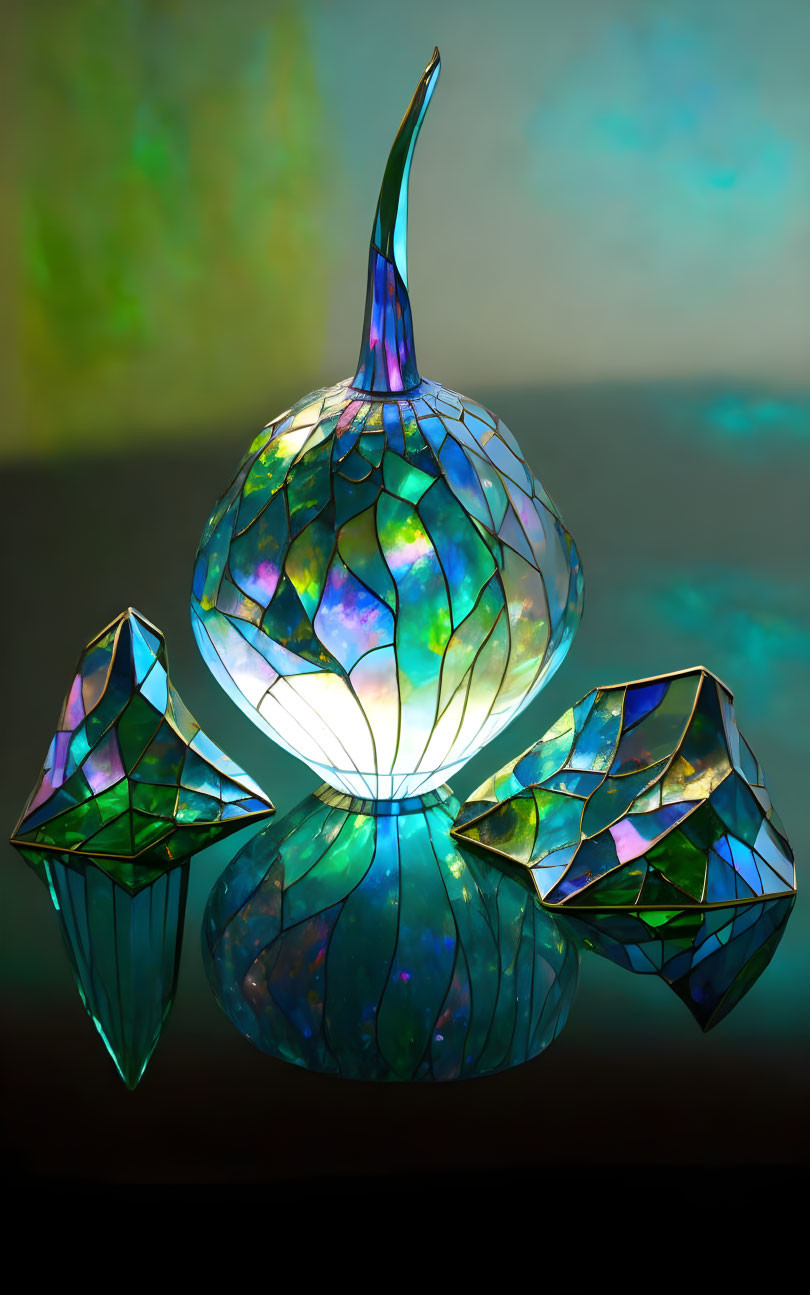 Iridescent glass gourd sculpture with diamond-shaped pieces on colorful backdrop