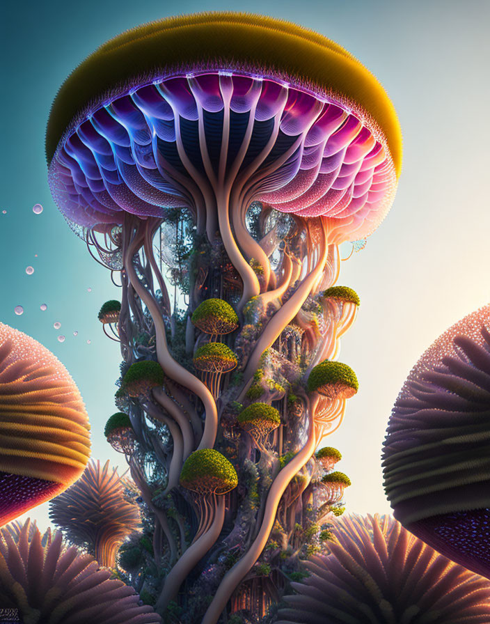 Fantastical image of towering mushroom-like structures in dreamlike setting