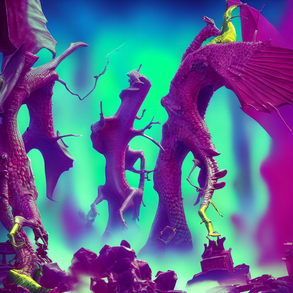 Colossal dragon with purple scales in neon-lit fantasy scene