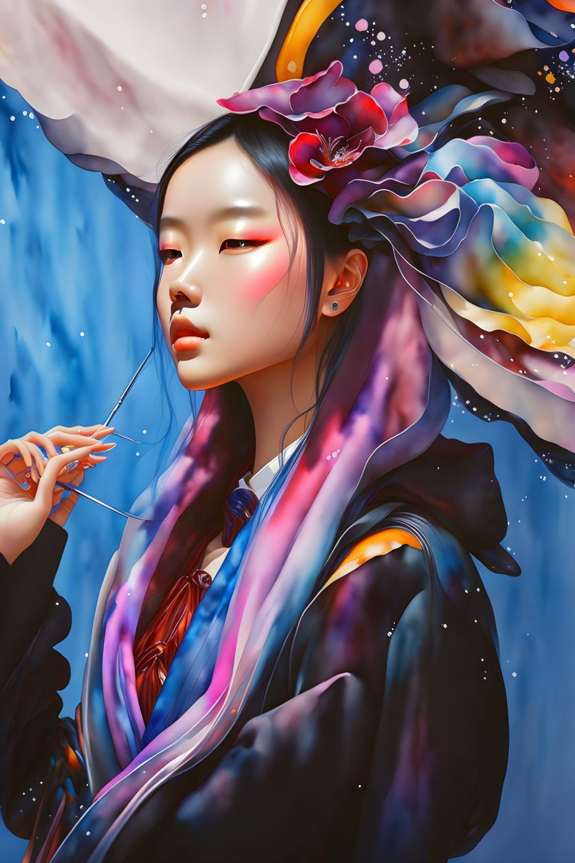 Asian woman with multicolored hair and flowers in digital art.