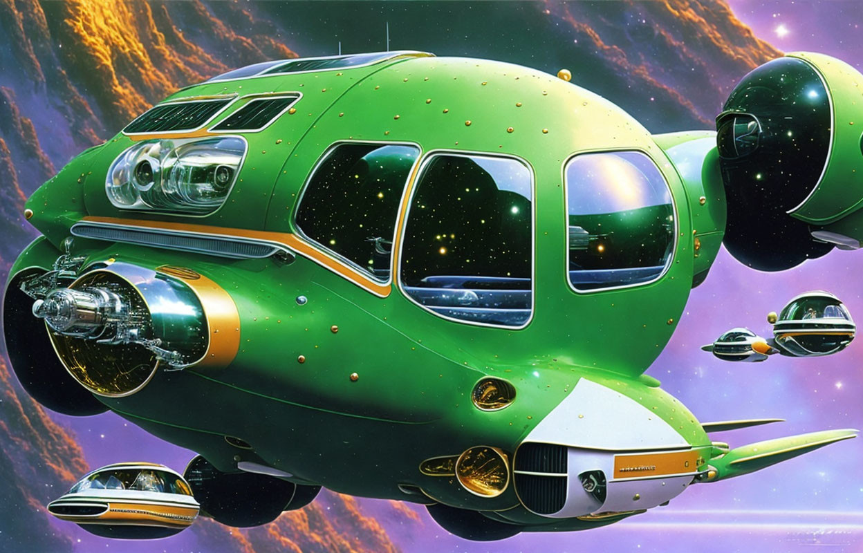 Green retro-futuristic spaceship in space with colorful nebulae.