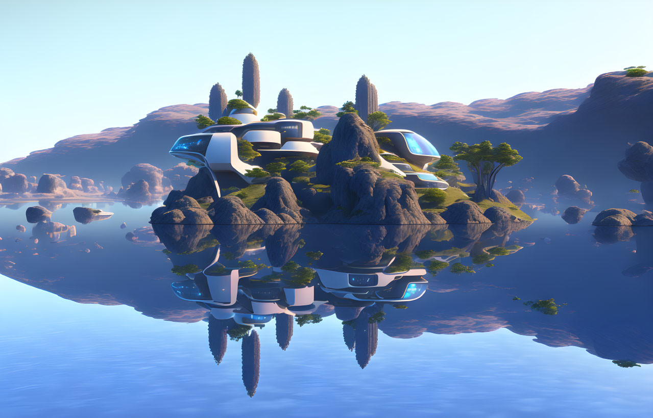 Futuristic house on lush island reflected in calm water