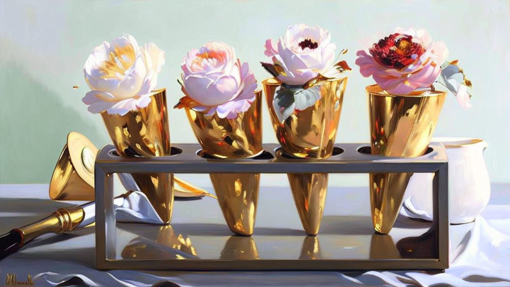 Five Gold Vases with Blooming Flowers on Reflective Surface