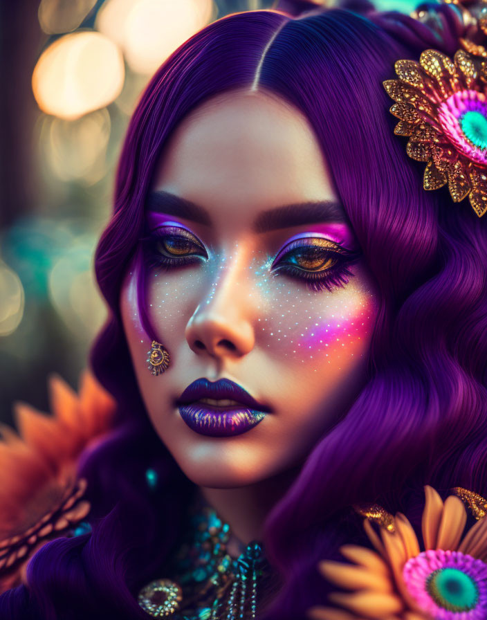 Vibrant purple hair woman with galaxy makeup and golden headpiece