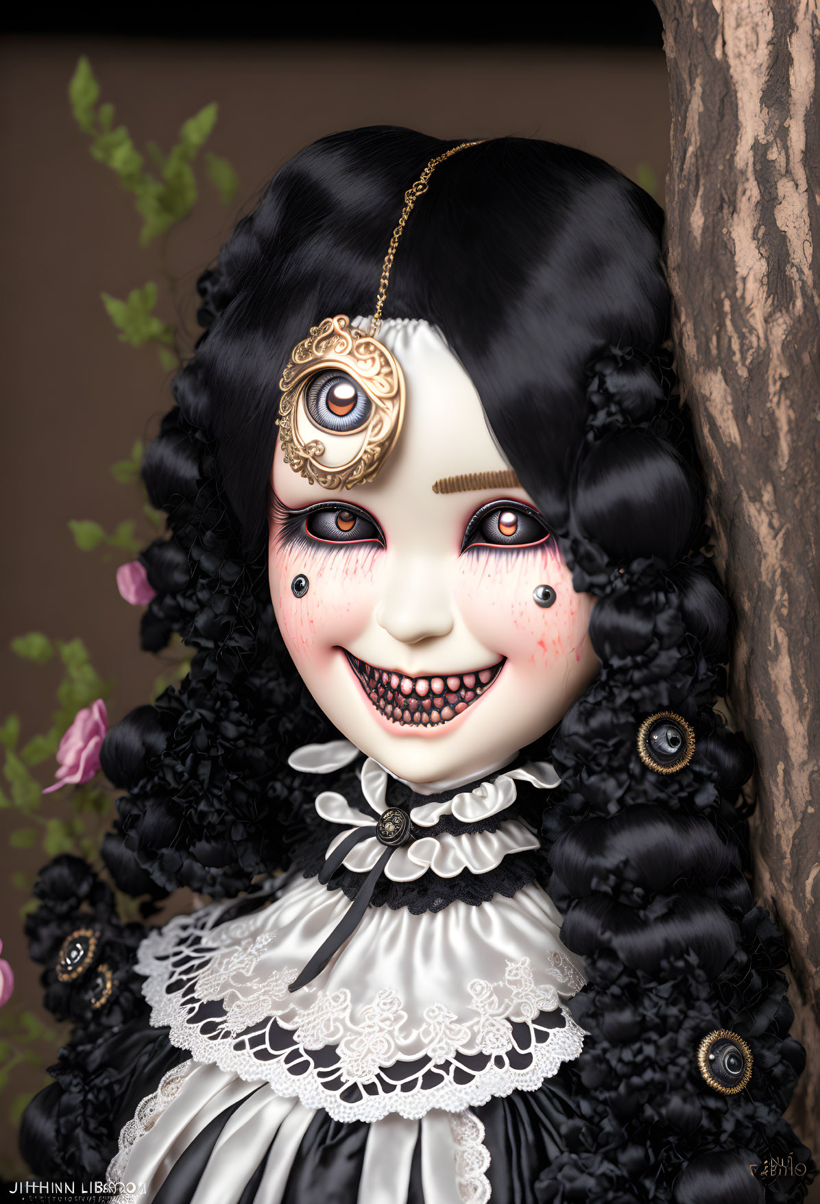 Detailed digital gothic doll art with ornate eye piece, lace dress, flowers, earthy tones