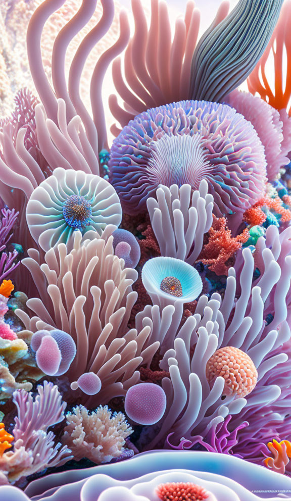 Vibrant digital art: Coral structures in pink, blue, and orange