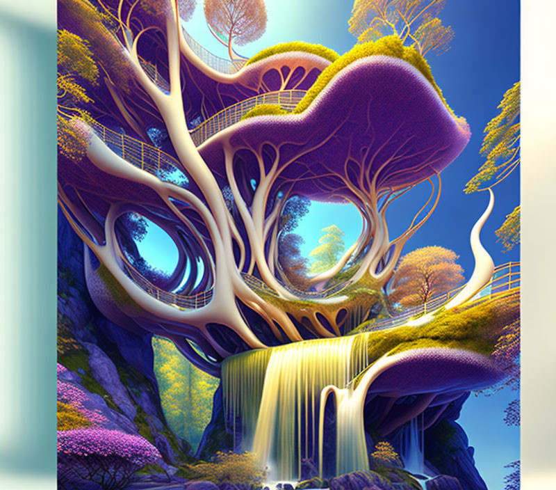 Colorful Surreal Tree Landscape with Waterfall and Vibrant Flora