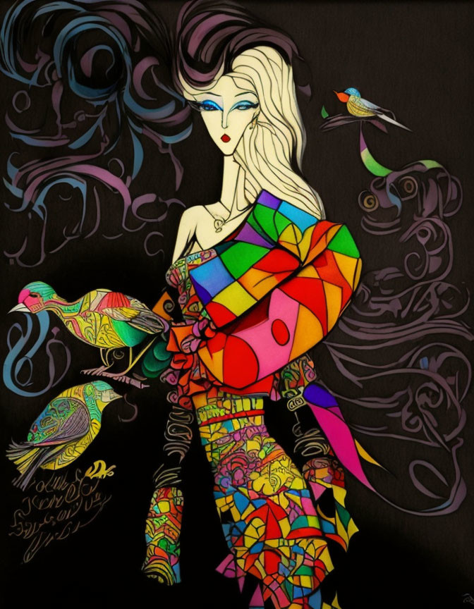 Colorful geometric-patterned woman with flowing hair and birds on dark ornate background