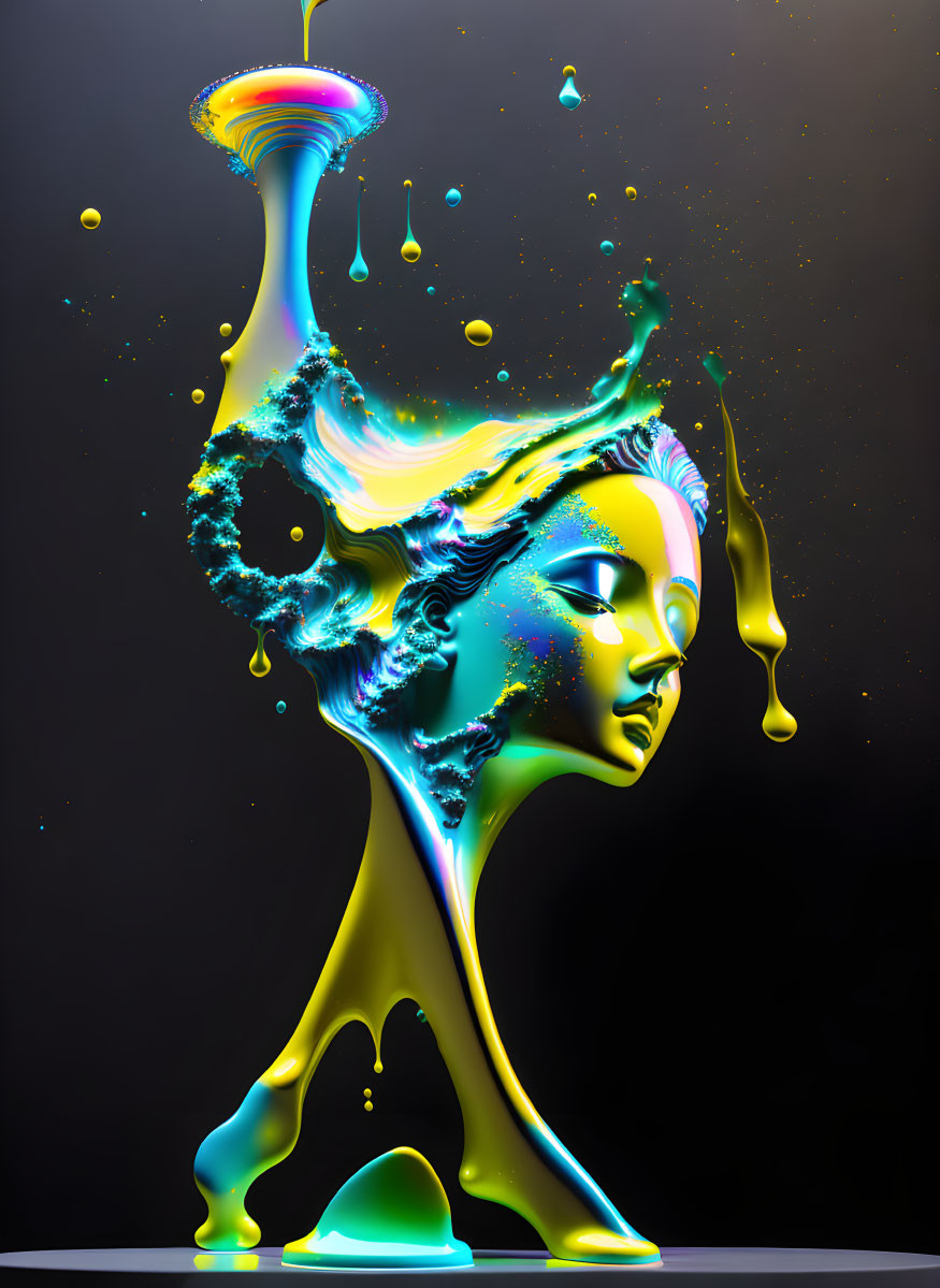 Vibrant blue and yellow liquid sculpture of a human face on dark background