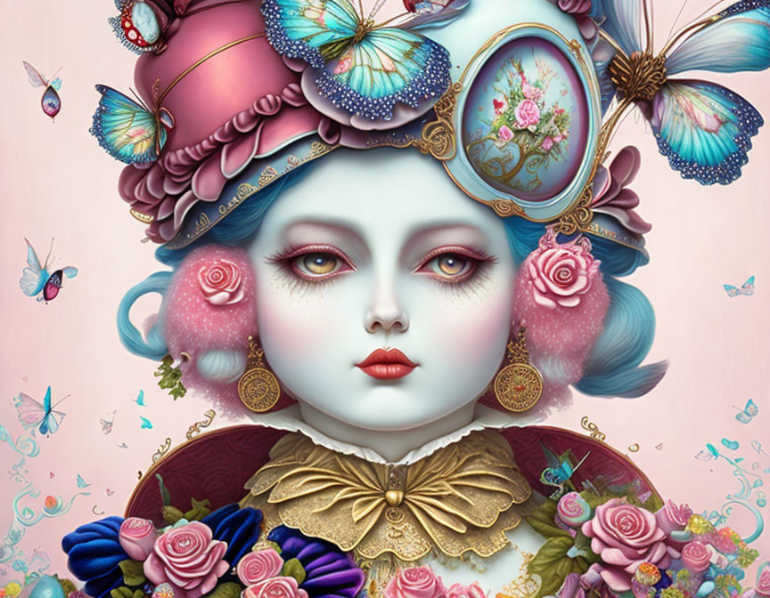 Whimsical digital art: Woman with pastel features, butterflies, flowers, ornate accessories