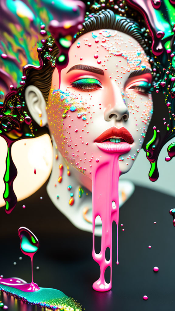 Colorful digital artwork: Woman's face with vibrant liquid splashes and drips