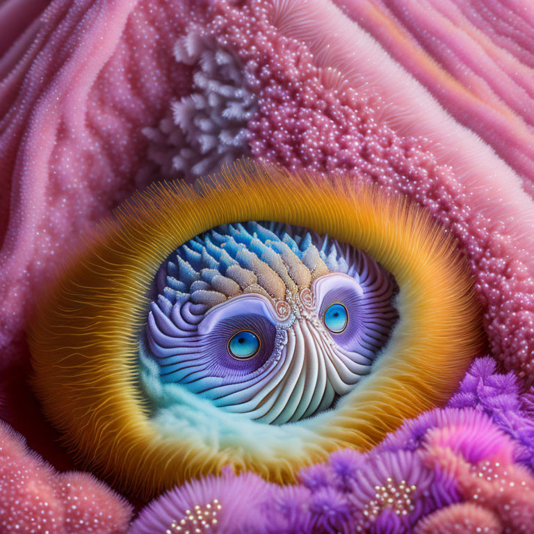 Colorful fractal art: intricate eye pattern with feather-like textures