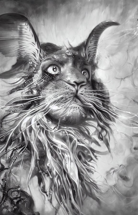 Detailed monochromatic surreal cat art with large wise eyes and decorative elements.