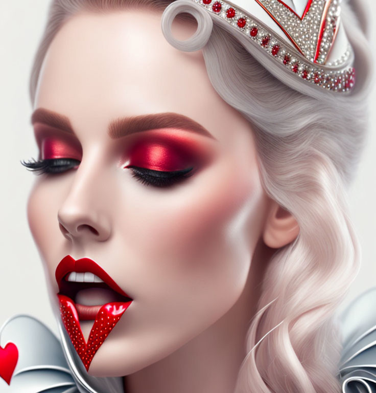 Digital artwork featuring woman with red eye makeup, glossy lips, silver crown, and heart collar accents.