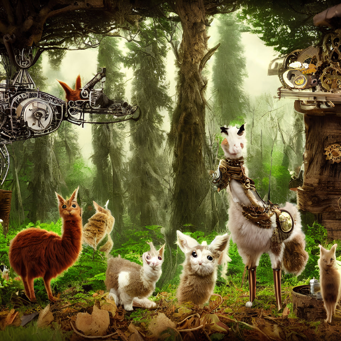 Surreal woodland scene featuring anthropomorphic animal figures in steampunk attire