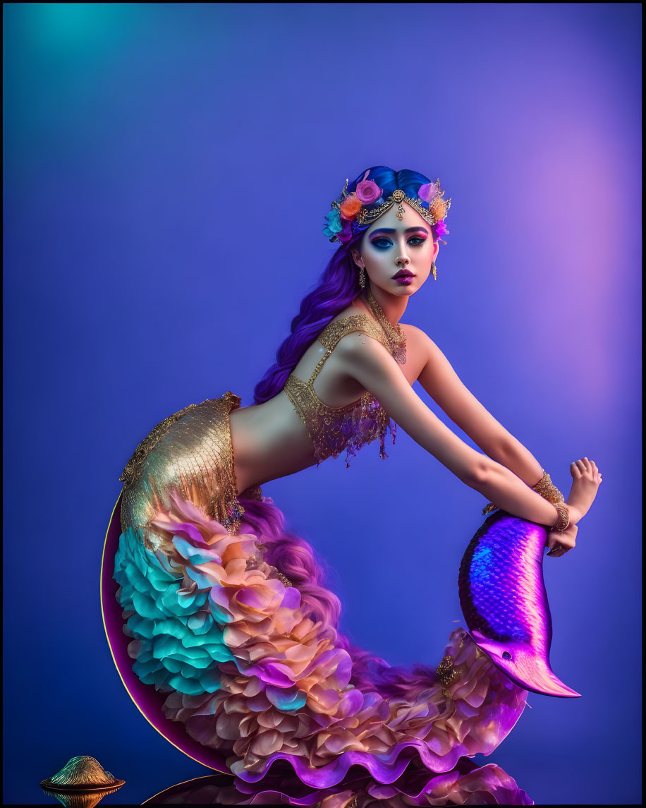 Colorful mermaid costume against blue and purple backdrop with floral headpiece and sequined tail