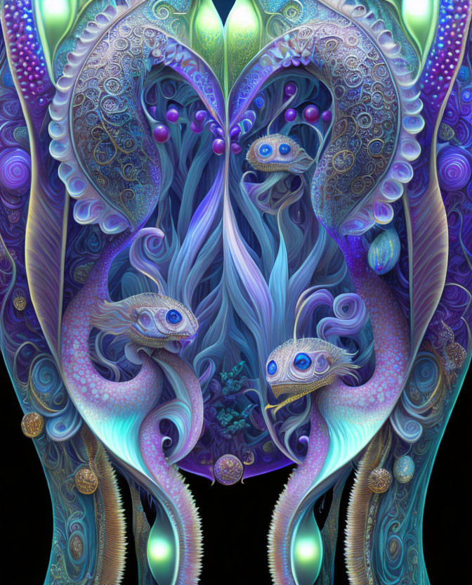 Symmetrical mystical creatures in vibrant digital artwork