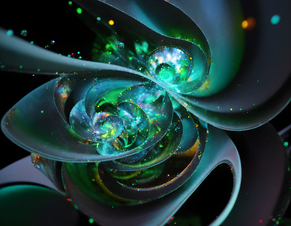 Colorful Swirling Fractal Art with Green, Blue, and White Hues