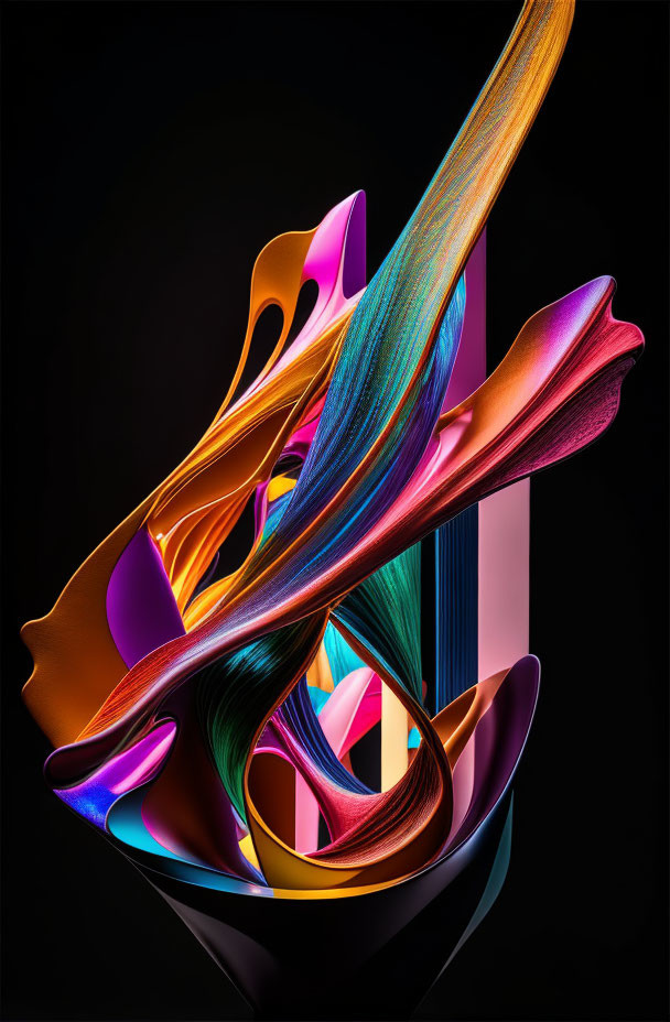 Vibrant 3D Artwork: Colorful Ribbons on Dark Background