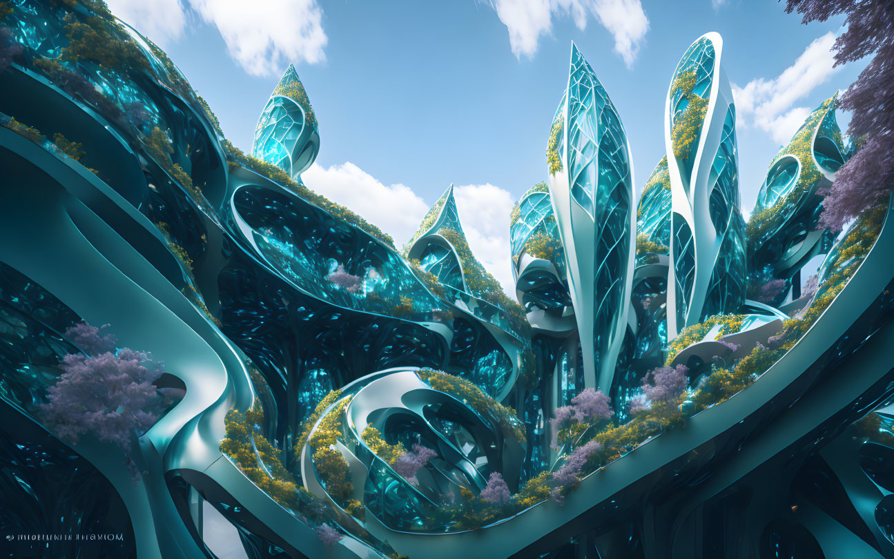 Organic futuristic architecture with glass structures in lush greenery