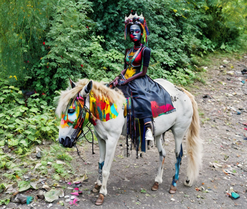 Colorfully Painted Person Riding Horse in Vibrant Attire Amidst Greenery