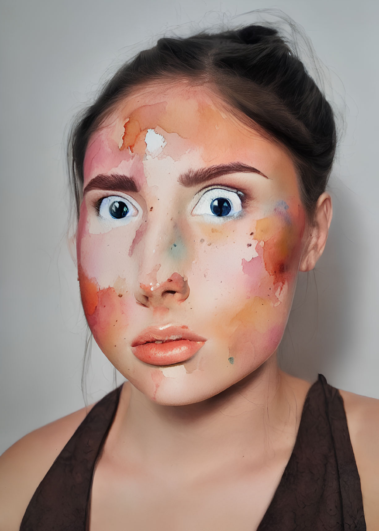 Colorful paint-like texture portrait of woman with orange, brown, and white shades