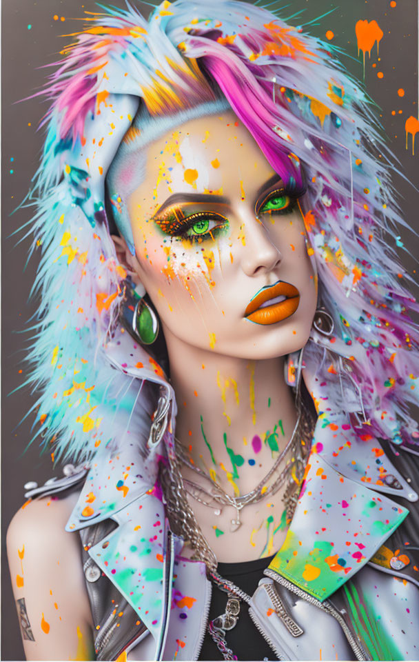 Vibrant portrait of woman with neon paint-splattered hair and studded leather jacket