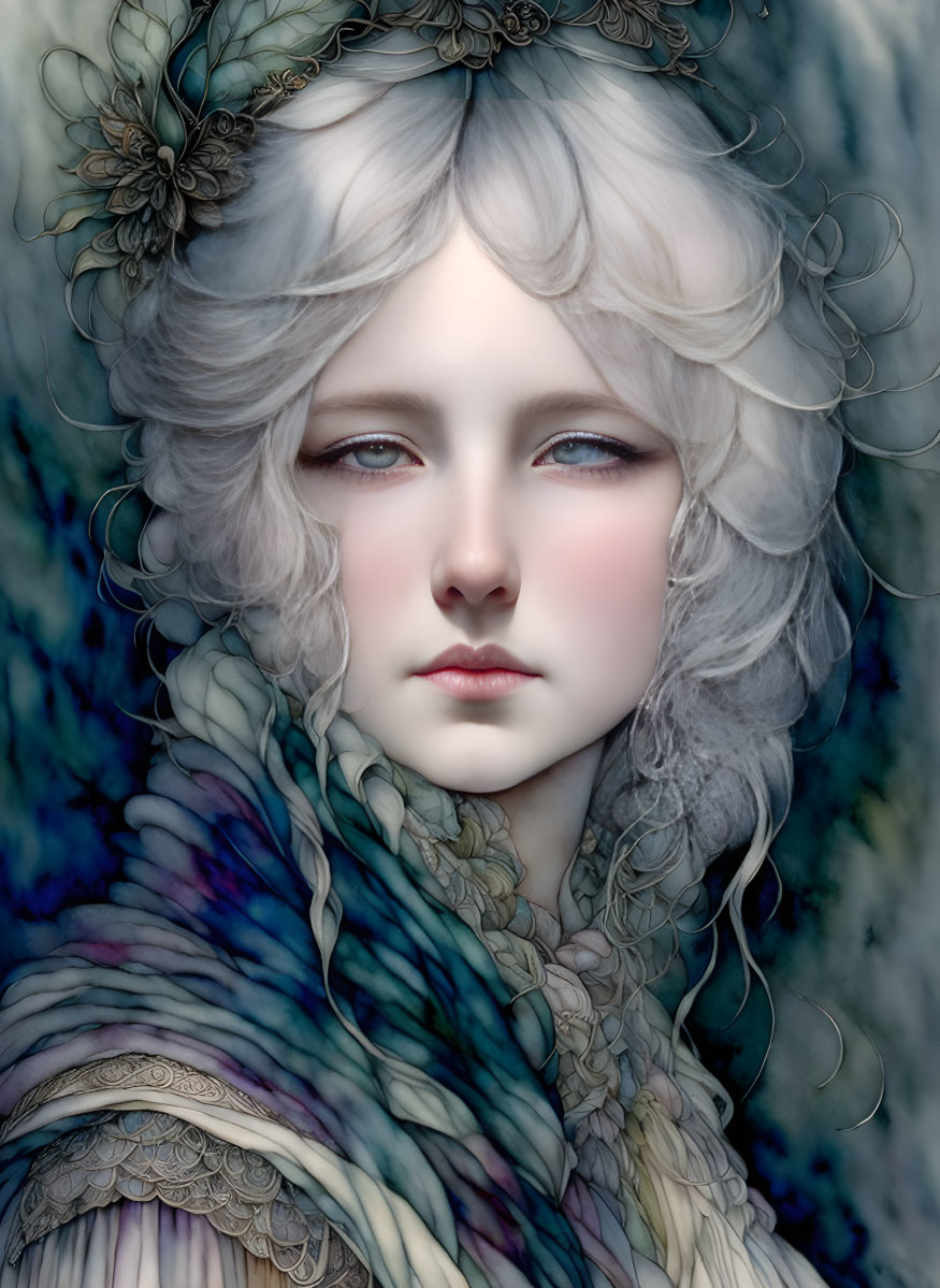 Digital Artwork: Woman with Pale Skin, Gray Hair, Blue Eyes, Floral Accessories, Ruffled