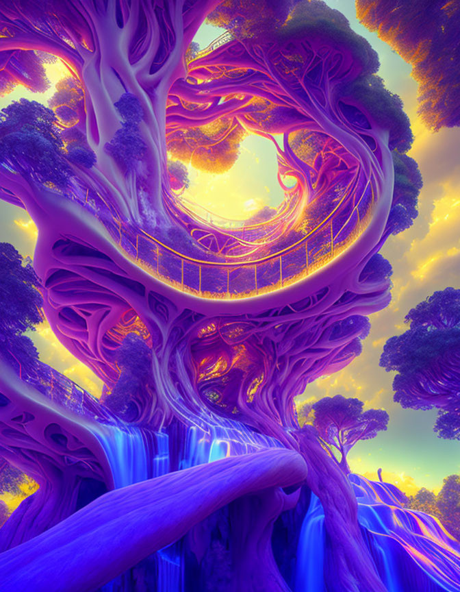 Fantastical tree with bridge in purple and yellow hues