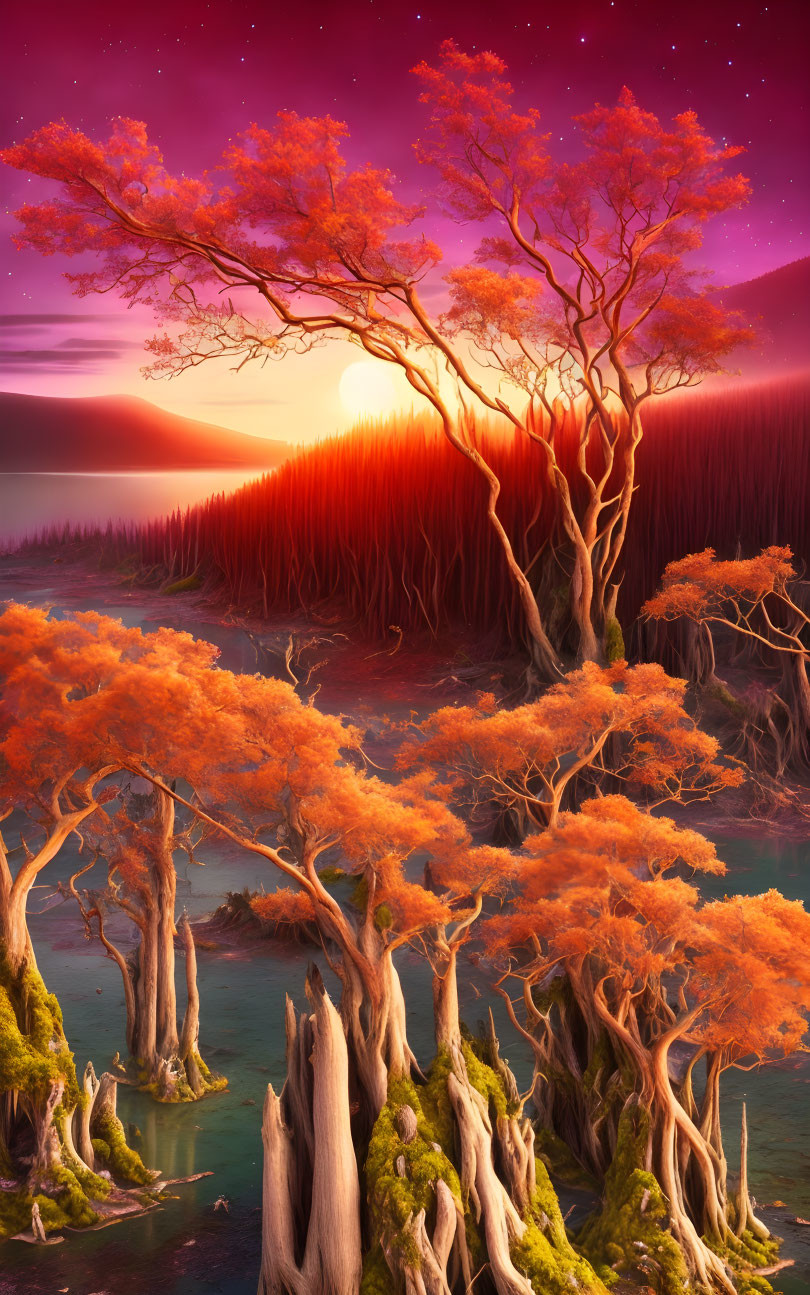 Majestic orange trees in vibrant fantasy landscape