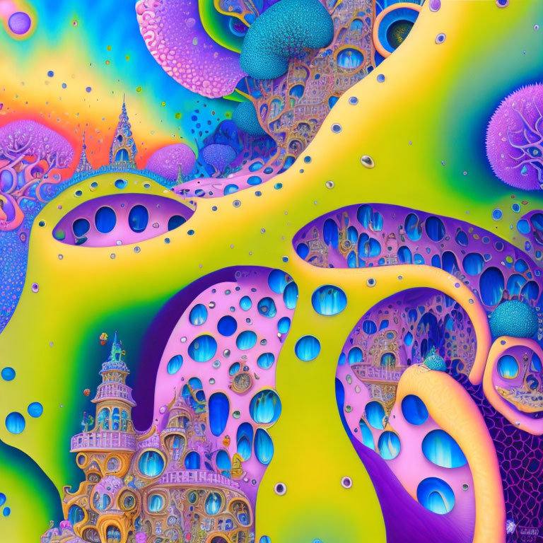 Colorful fractal art with intricate patterns and surreal architectural elements