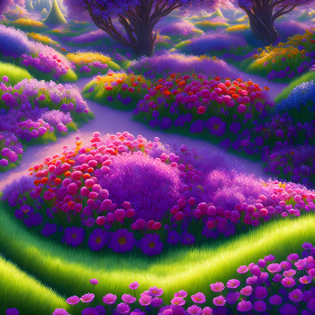 Fantasy landscape with purple and pink flowers and glowing trees at twilight