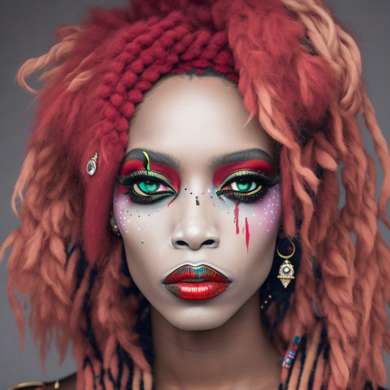 Vibrant green eyeshadow, red tears, red yarn braids, and golden jewelry makeup