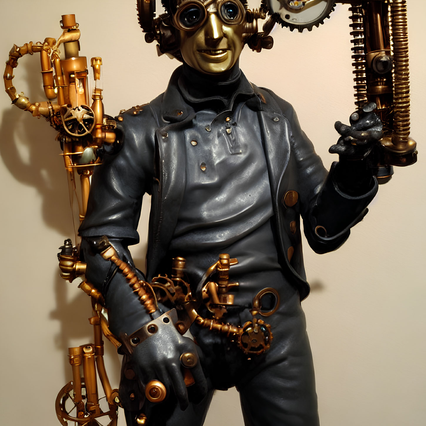 Steampunk-inspired statue with mechanical arms and goggles in leather jacket pose.