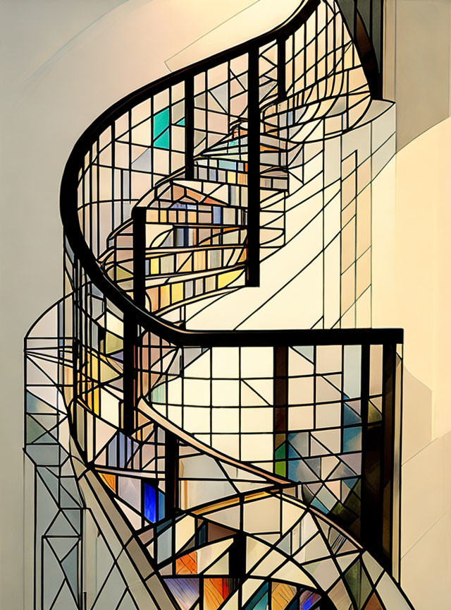 Intricate black metal spiral staircase with colored glass reflections