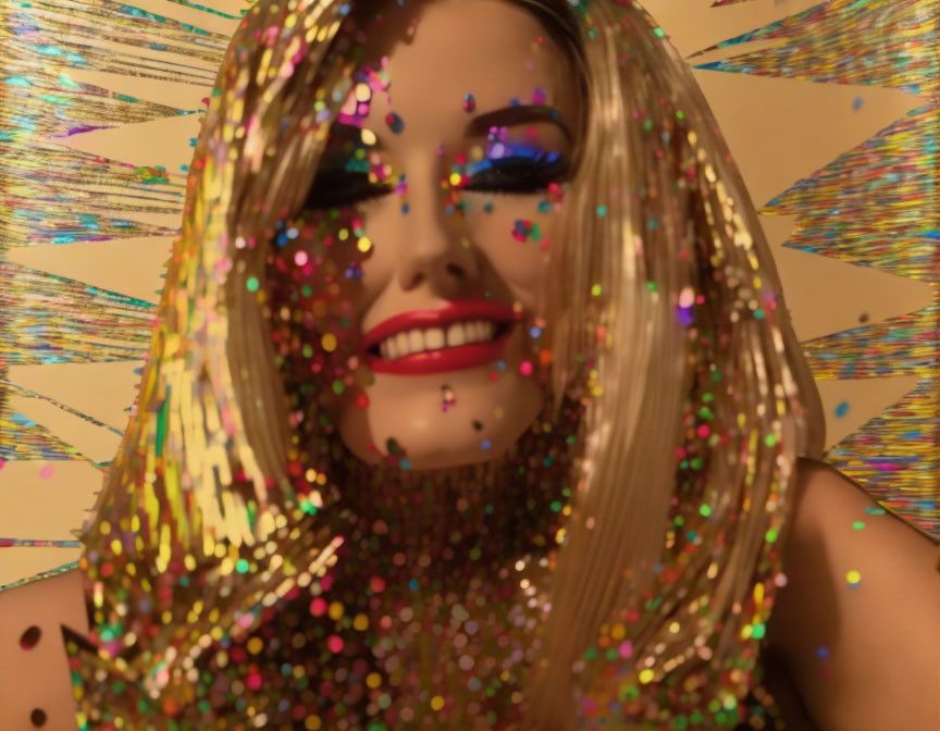 Glitter-covered person smiling on gold background