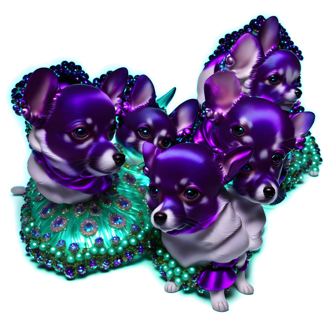 Stylized digital chihuahuas in purple and teal with beads and collars