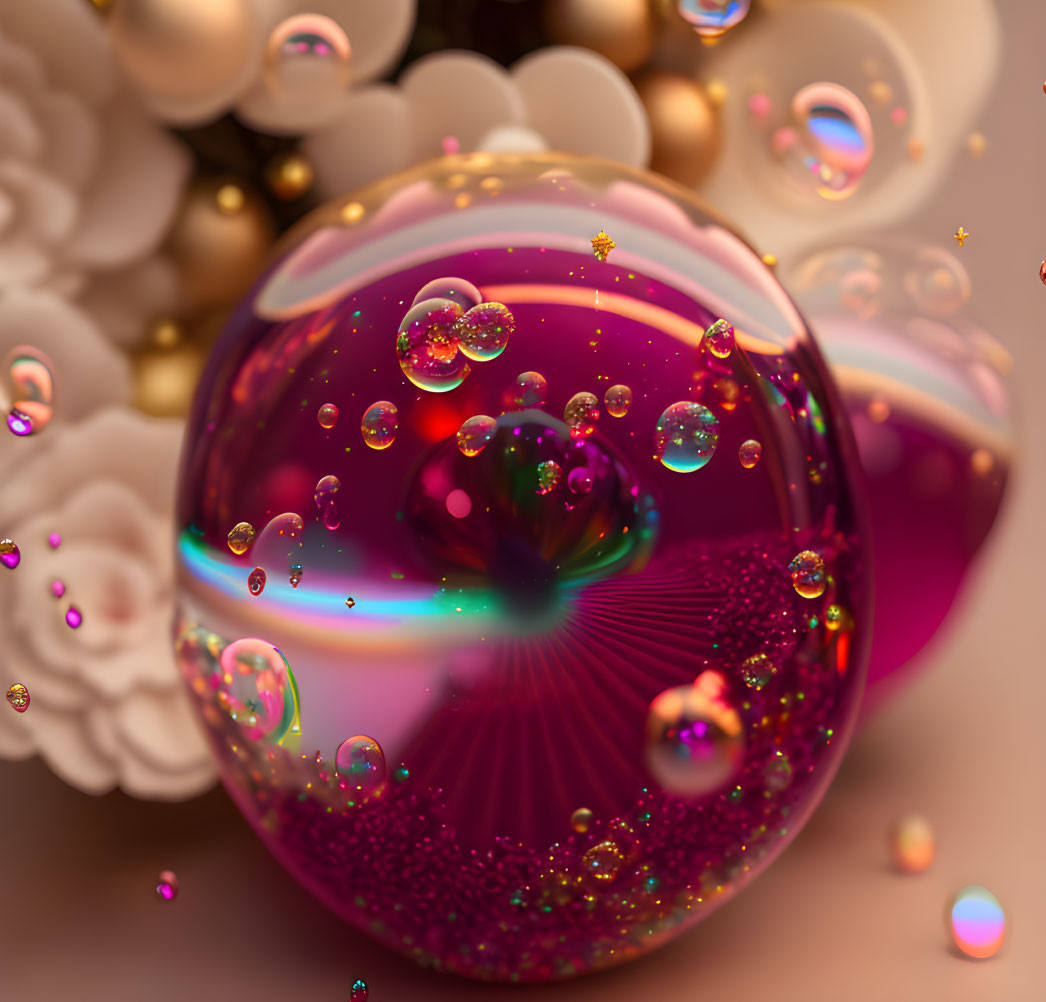 Colorful digital artwork with central reflective sphere and smaller bubbles in pink, purple, and gold.